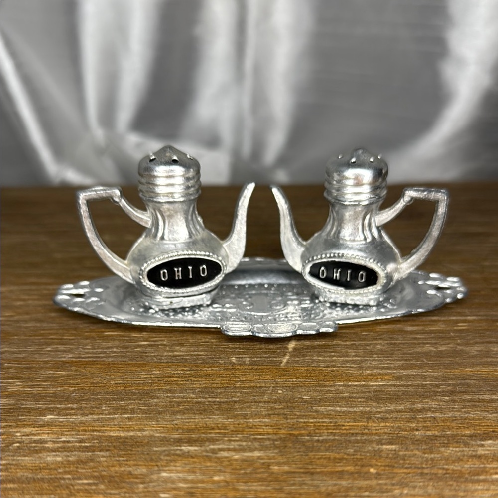 Vintage Salt & Pepper Mini Shakers with Tray Made in Japan Souvenir OHIO Label
